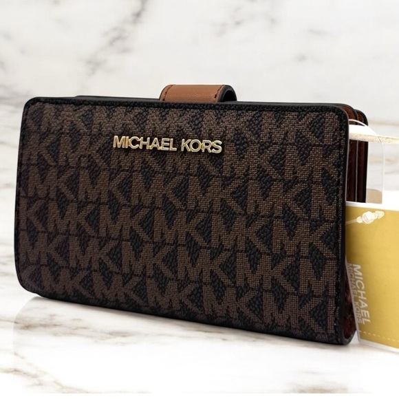 Michael Kors Medium Jet Set Travel Zip Chain Bifold Wallet Leather Brown - Picture 2 of 8